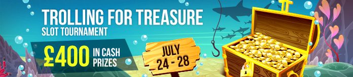 Trolling for Treasure slot tournament strip banner with an underwater treasure chest