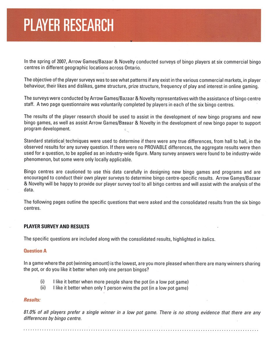 Scanned page of the 2007 player research report: study introduction and pot-sharing preference results