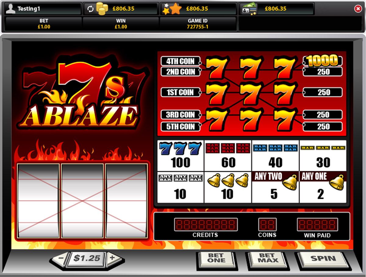 7s Ablaze three-reel slot in a casino cabinet frame with coin-level payout diagram