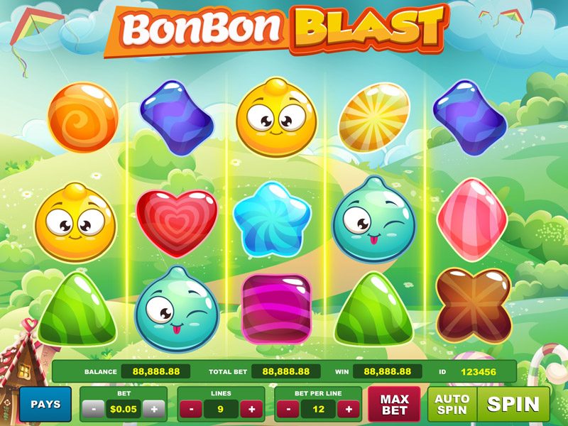 BonBon Blast slot screen with candy symbols over a candy-land backdrop