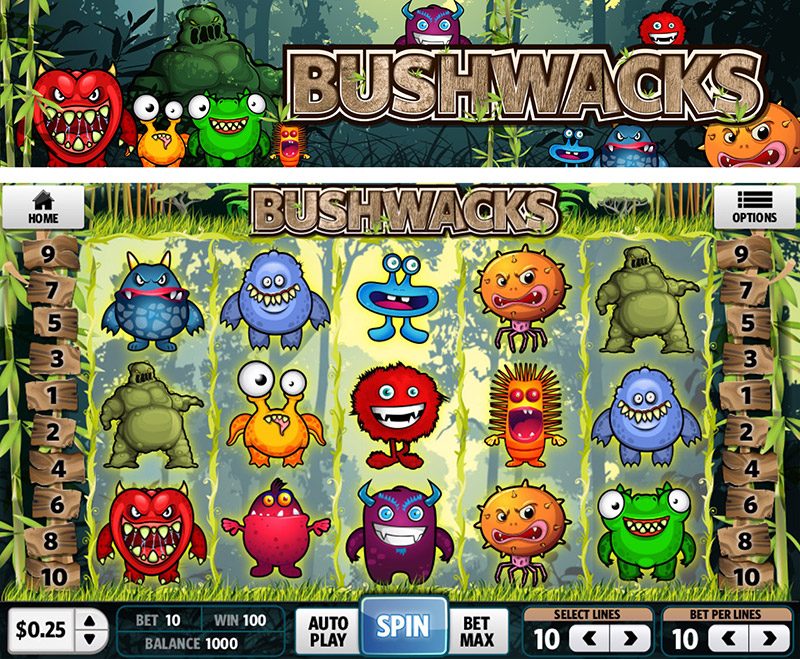 Bushwacks jungle-themed slot: cartoon monster banner above the five-reel game screen