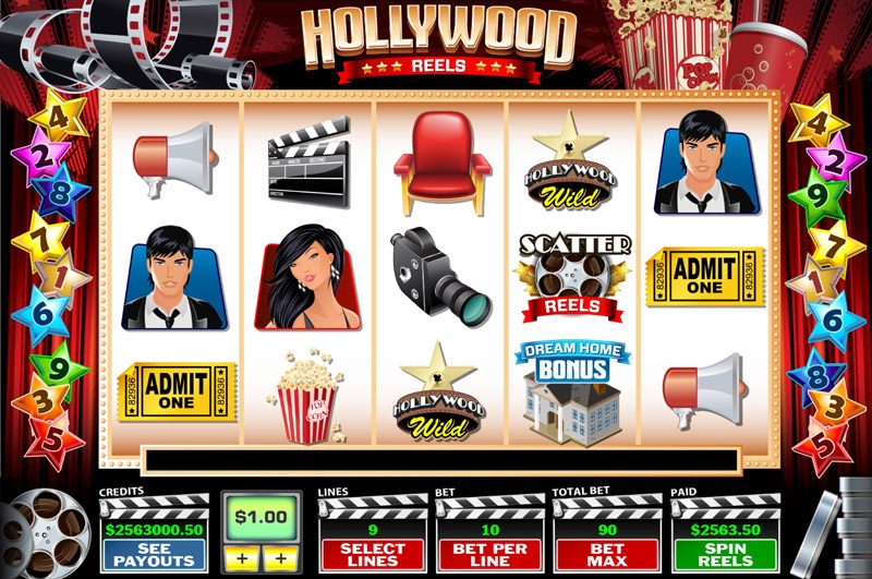 Hollywood Reels main slot screen with movie-themed symbols framed by film strips