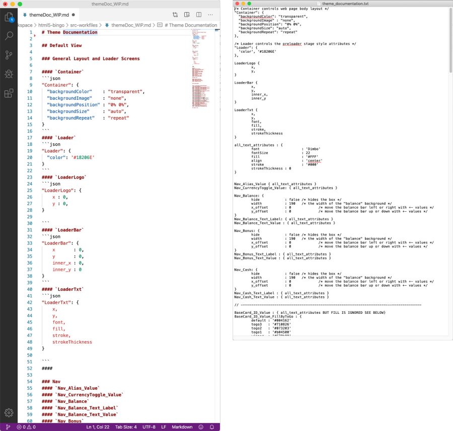 The bingo client theme documentation: a markdown spec of JSON theme keys beside the plain-text attribute list