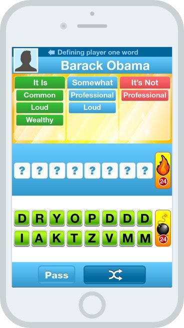 Word Dragon guessing screen with hidden answer tiles, letter tray, and power-up buttons