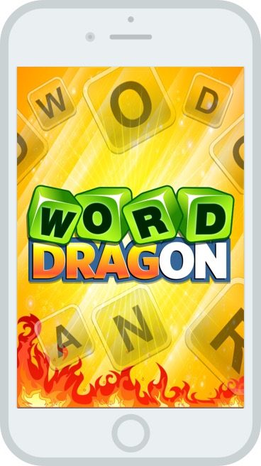 Word Dragon splash screen: glossy letter-dice logo over a letter-tile sunburst