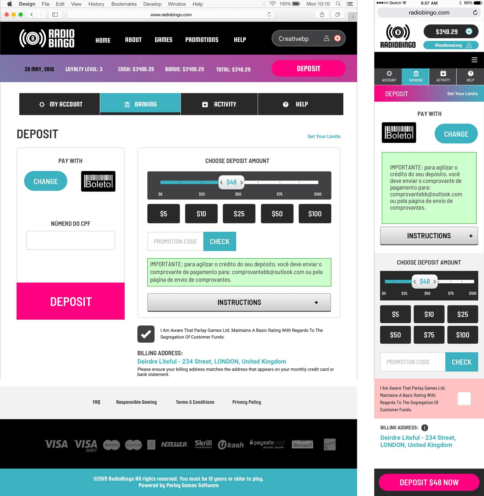 Radio Bingo card deposit flow shown in desktop and mobile: saved MasterCard, amount slider with preset chips, promotion code, billing address