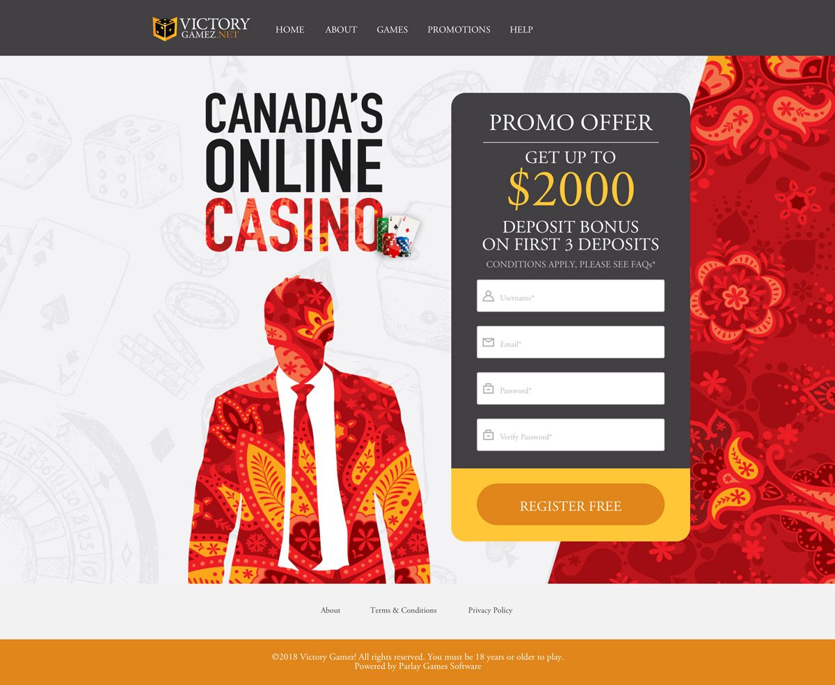 Victory Gamez landing page: Canada's Online Casino headline with a two-thousand-dollar deposit-bonus signup form