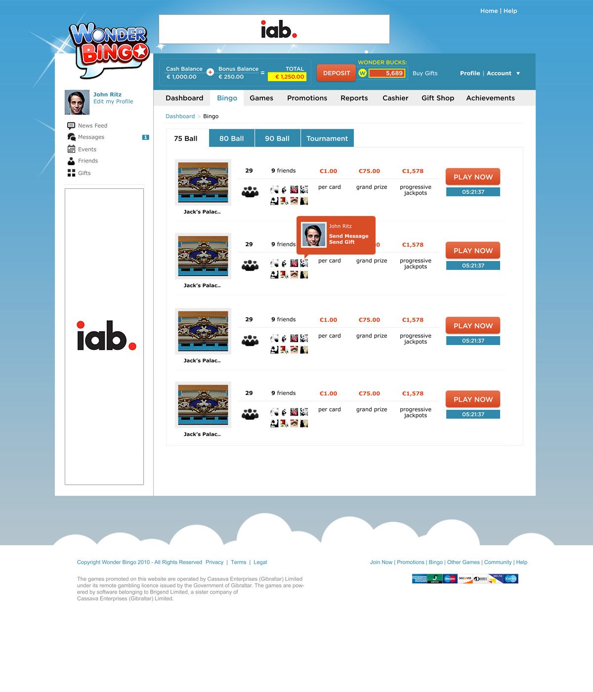 Wonder Bingo 75-ball lobby listing game rooms with card price, grand prize, progressive jackpot, and countdowns