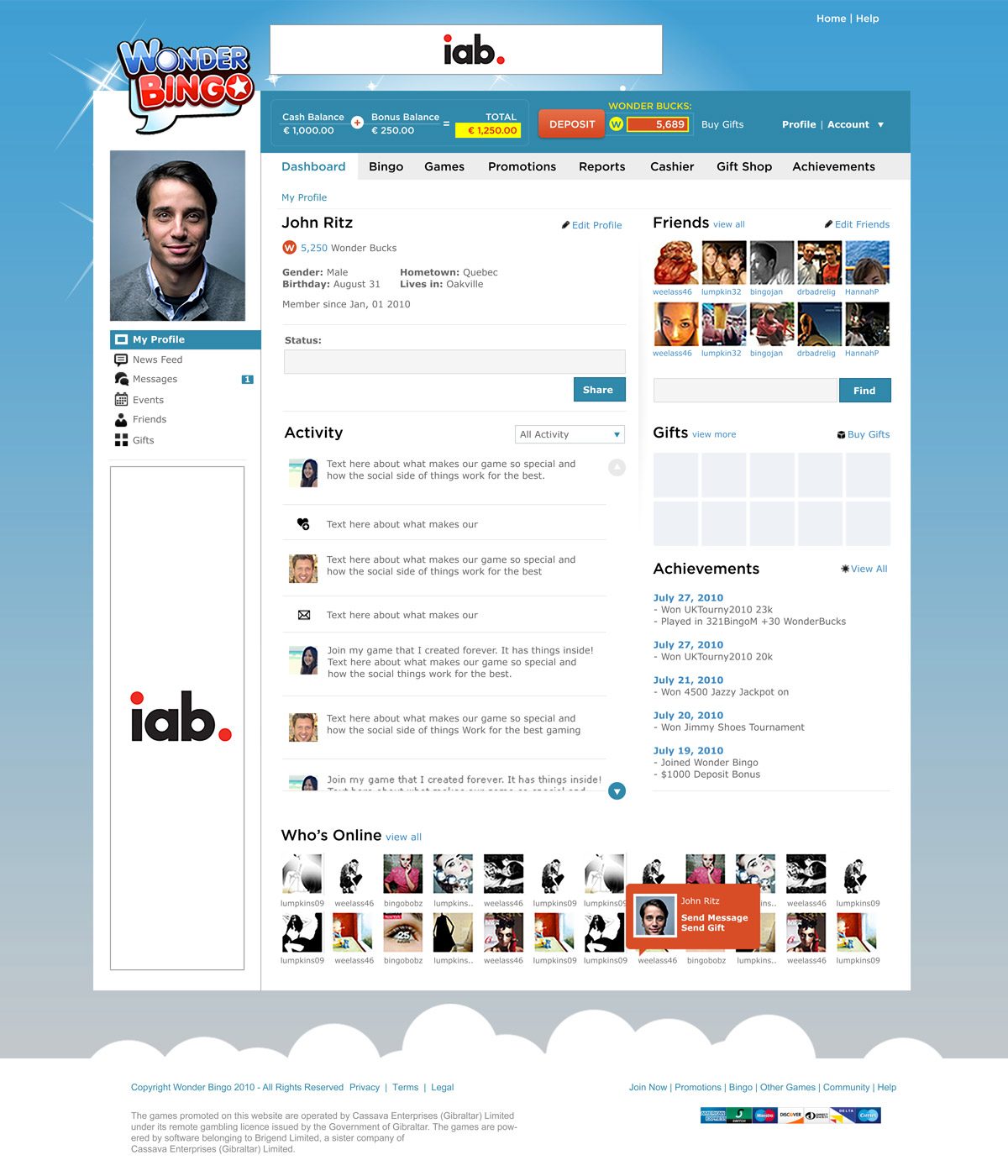 Wonder Bingo social profile: balance, activity feed, friends grid, gifts, achievements, and who's online