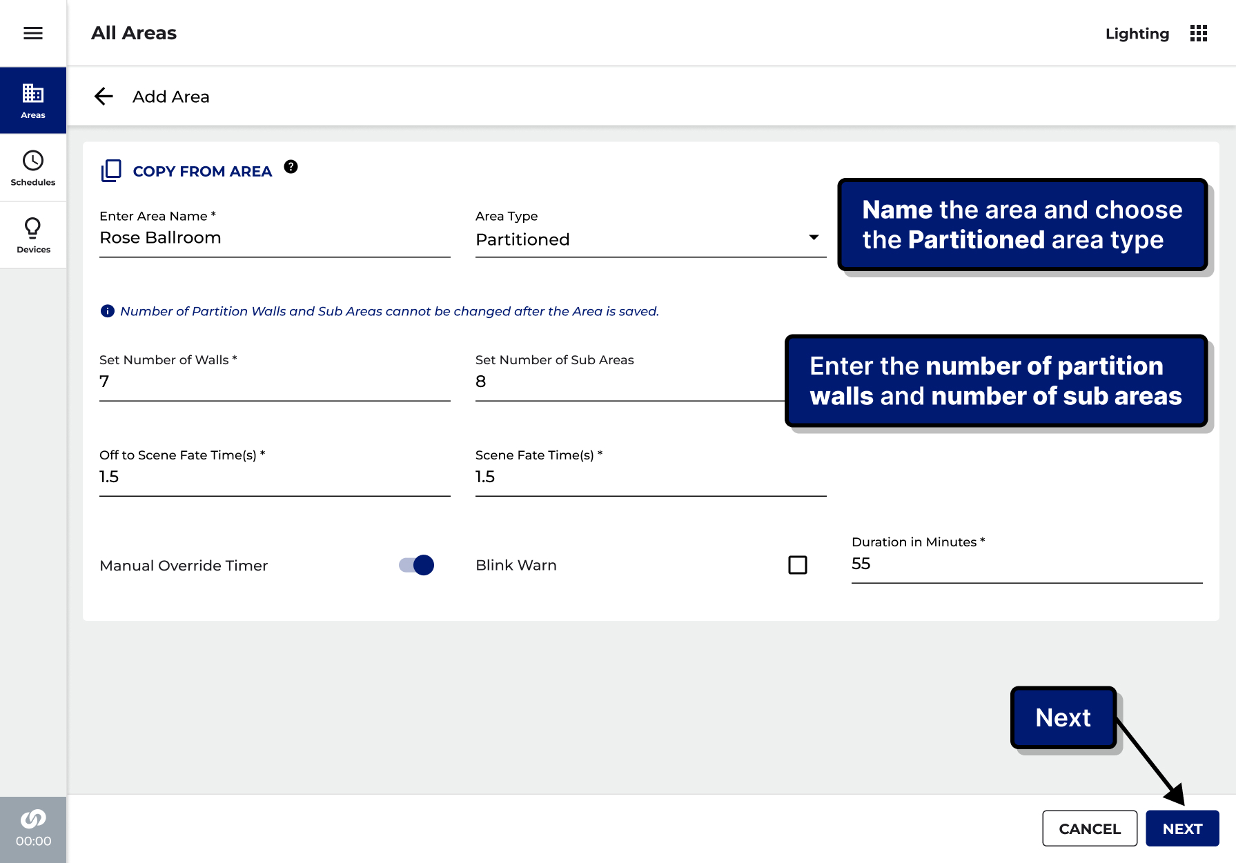 Setup screen: choosing the divisible type and the number of walls and rooms