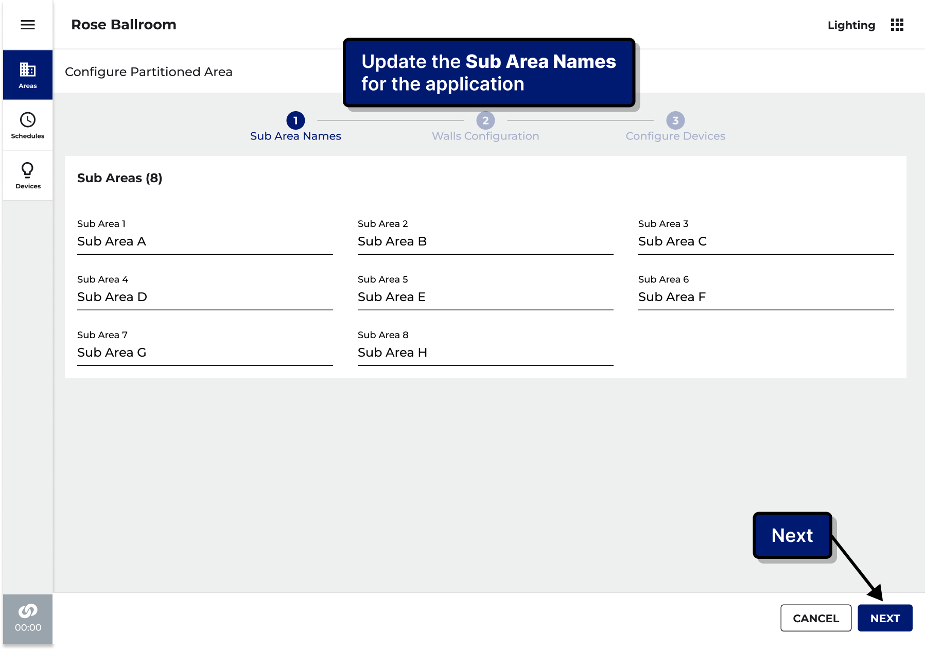 Setup screen: naming each room