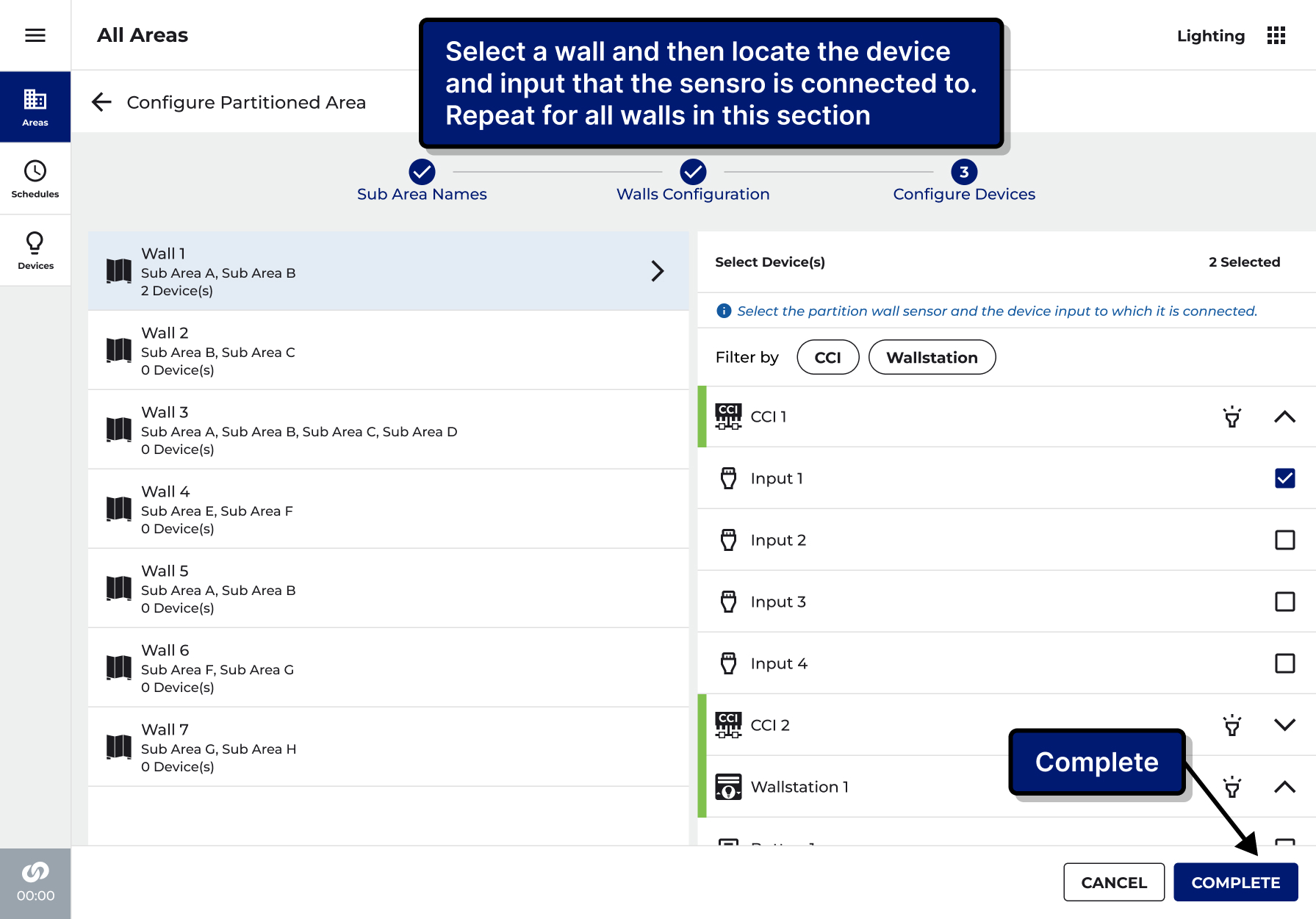 Setup screen: pointing each wall at the sensor that watches it
