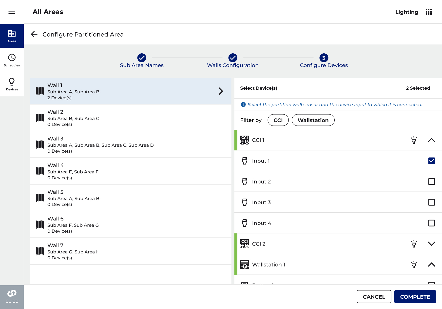 WaveLinx Configure Partitioned Area screen: seven partition walls listed with the sub-areas they join, and Wall 1's sensor assigned to contact-closure input 1 on CCI 1