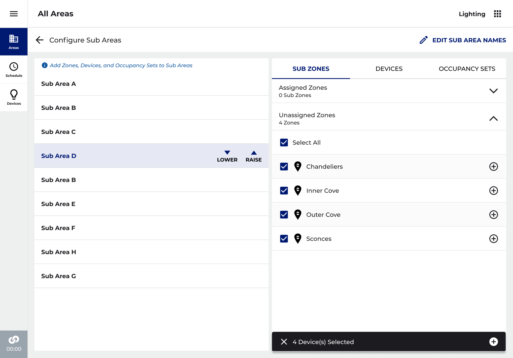 Configuring a room: selecting several lighting zones to assign at once
