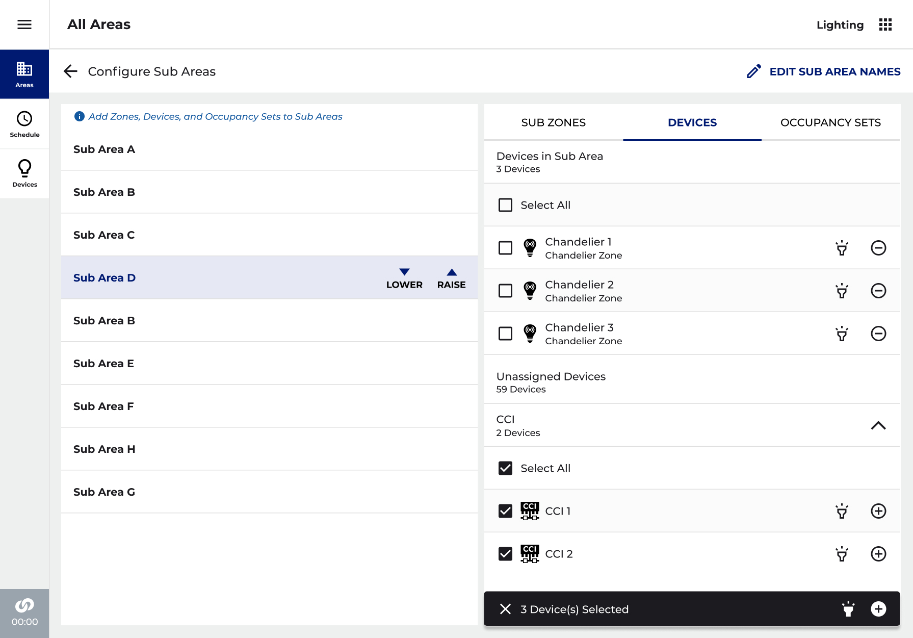 Configuring a room: devices assigned, each showing its zone