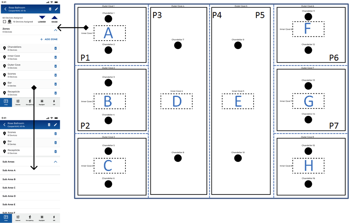 The plan broken into rooms with groups of lights marked out