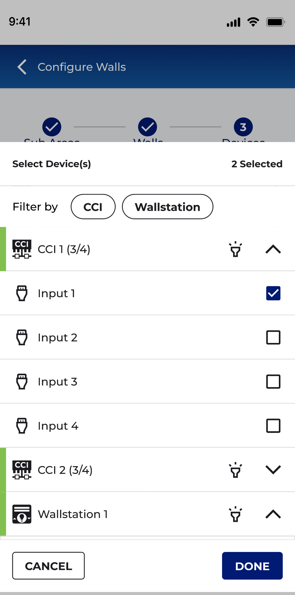 WaveLinx Configure Walls step 3, Select Device(s) modal with CCI 1 Input 1 and Wallstation 1 selected