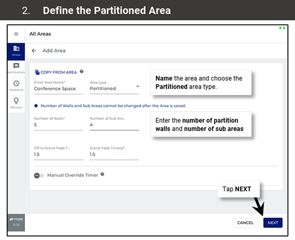 Step 2, define the partitioned area, wall and sub-area counts